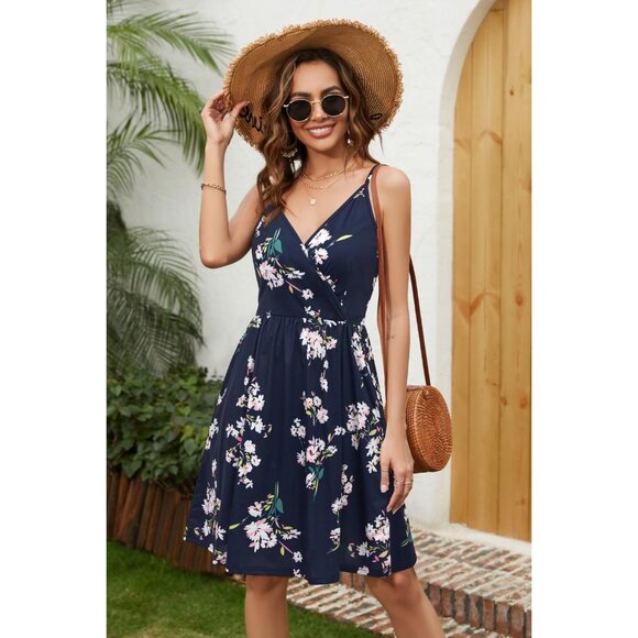 Womens Floral Solid Spaghetti Strap Summer Casual Swing Sundress with Pocket - Picture 3 of 5
